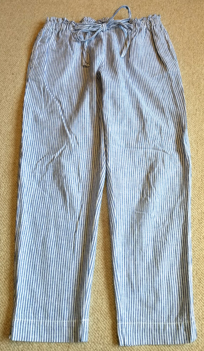 Womens Pants-BEACH LUNCH LOUNGE-blue/wht striped linen pull-on Resort Coastal-L